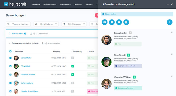 Behalte alle Deine Bewerber im Blick und verwalte von einer zentralen Stelle aus das komplette E-Recruiting für alle Deine Mandanten. Dank Funktionen wie der Mehrfachbearbeitung und Kommunikationsvorlagen wirst Du selbst mit großen Bewerbermengen problemlos fertig. Mit unserem Bewerbermanagementsystem kannst Du die Cost-per-Hire insgesamt um bis zu 70 % senken und die Time-to-Hire halbieren.
