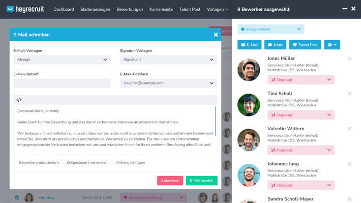 Behalte alle Deine Bewerber im Blick und verwalte von einer zentralen Stelle den kompletten Recruiting-Prozess. Dank Funktionen wie der Mehrfachbearbeitung und Kommunikationsvorlagen wirst Du selbst mit großen Bewerbermengen problemlos fertig. Mit Heyrecruit gelangst Du bis zu 50 % schneller zur nächsten Einstellung!