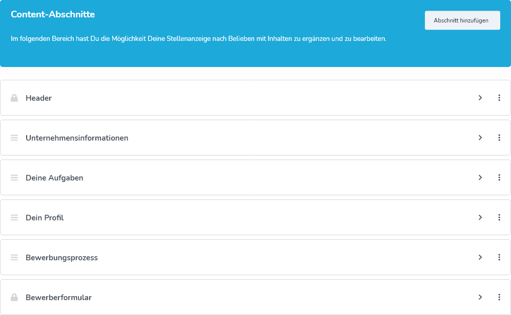 Liste mit Content-Abschnitten der Stellenanzeige
