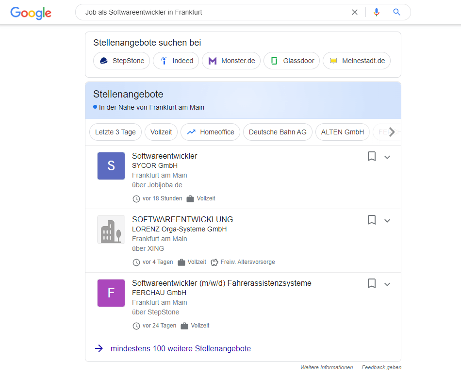 Suchergebnisse von Google for Jobs