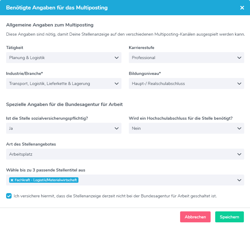 Fenster mit Multiposting-Angaben für eine Stellenanzeige